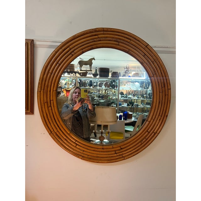 Brown Italian Mid 20th Century Burnt Bamboo Rattan Round Layered Mirror For Sale - Image 8 of 8