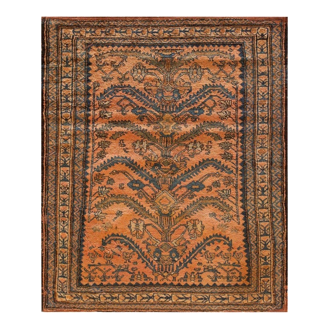 1920s Orange Salmon Tree of Life Antique Persian Lilihan Rug 3'5"x 4'2" Handknotted Wool Carpet For Sale