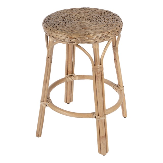 Tobias 24 in. Seat Height Round Rattan Backless Counter Stool, Natural Hyacinth For Sale