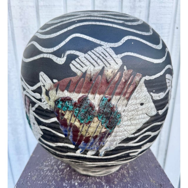 Modern Mid 20th Century Large Cipher Signed Vintage Modern Studio Art Pottery Raku Glaze and Heavy Glaze Fish Vase For Sale - Image 3 of 7