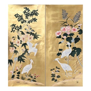 Luxury Hand Painted Gold Leaf Wallpaper With Crane Birds & Floral Garden Design, Oriental Chinoiserie Diptych Wall Mural, Custom Designer Wallcovering For Sale