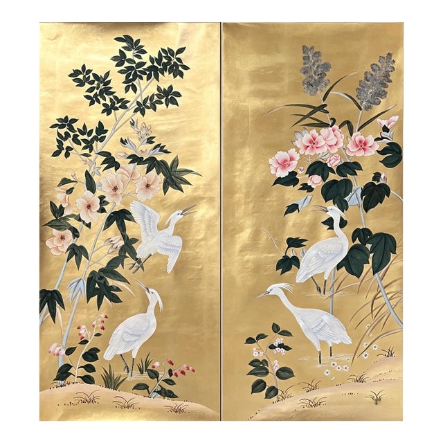 Luxury Hand Painted Gold Leaf Wallpaper With Crane Birds & Floral Garden Design, Oriental Chinoiserie Diptych Wall Mural, Custom Designer Wallcovering For Sale