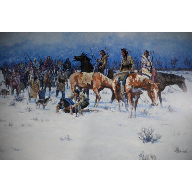 Experience the solemn beauty of a Native American winter journey in “Winter Retreat” by Western artist Robert A. Winter....