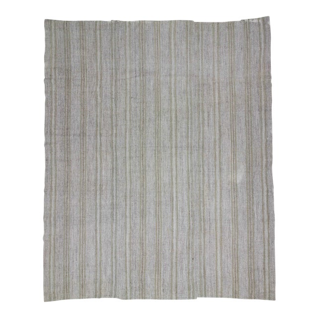 Vintage Turkish Modern Striped Gray Kilim Rug- 9′7″ × 11′8″ For Sale