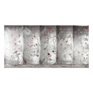 Silver Leaf Chinoiserie Hand-Painted Bird & Peony Wall Panels (Set of 5) For Sale