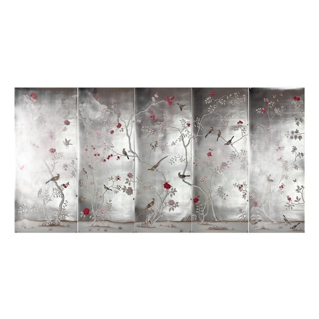 Silver Leaf Chinoiserie Hand-Painted Bird & Peony Wall Panels (Set of 5) For Sale