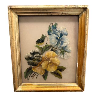 Vintage Pansy Painting on Glass With Distressed Gold Frame For Sale