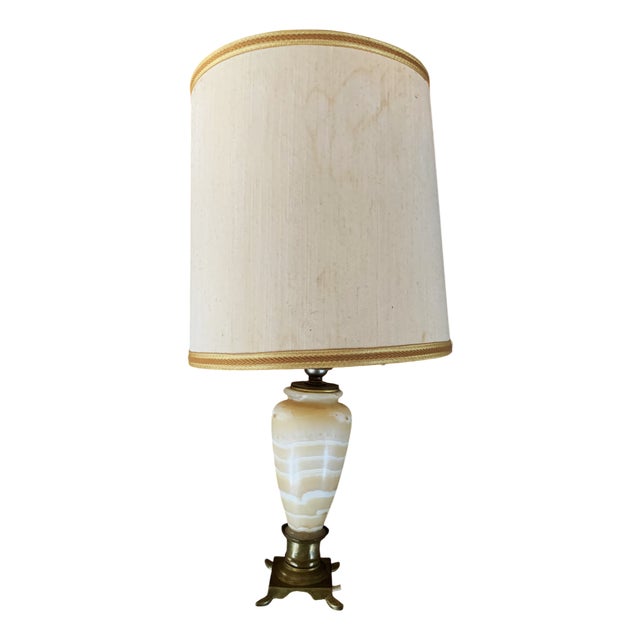 Neoclassical Brass and Stone Table Lamp, 1950s For Sale