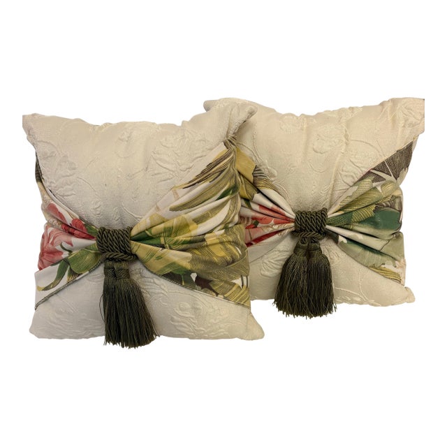 Custom Hollywood Regency Chinoiserie Damask Pillows With Tropical Sash and Tassels - A Pair For Sale
