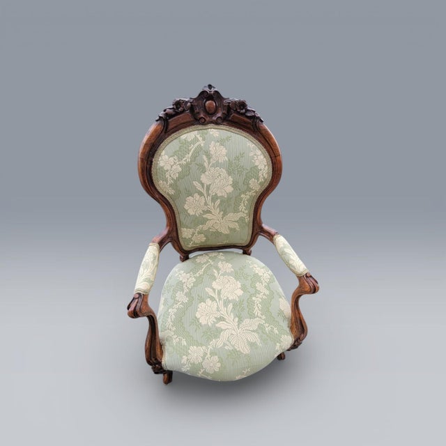 Brown 19th Century American Carved Rosewood Living Room Arm Chairs Newly Upholstered For Sale - Image 8 of 18