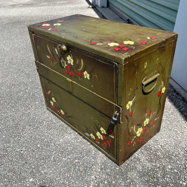 Green Vintage Repurposed Metal & Wood Military Box - Green Floral Box of Drawers Signed For Sale - Image 8 of 11
