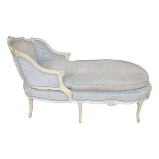 French Louis XVI Style Creme & Blue Accent Paint Decorated Chaise Lounge For Sale