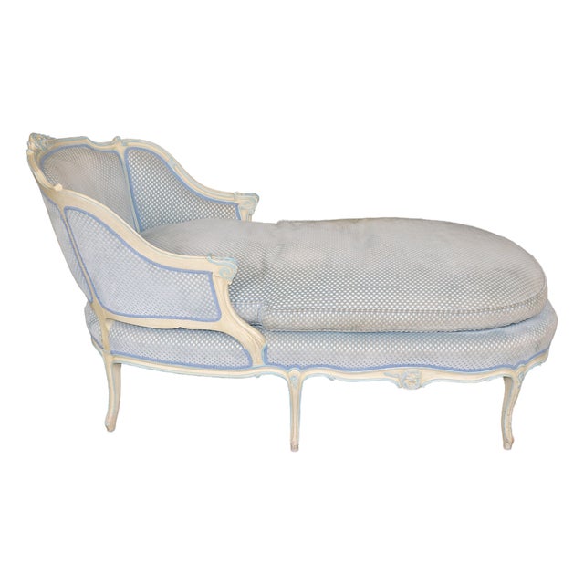 French Louis XVI Style Creme & Blue Accent Paint Decorated Chaise Lounge For Sale