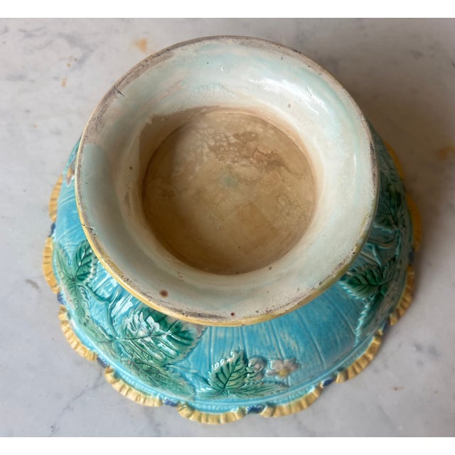 Turquoise Antique Majolica Footed Bowl W/ Scalloped Rim, C. 1880's For Sale - Image 8 of 8
