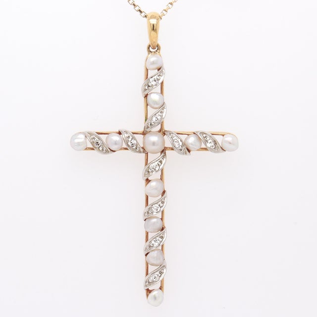 Antique Edwardian 14k Gold, Diamond, & Baroque Pearl Cross Necklace Pendant For Sale - Image 4 of 12
