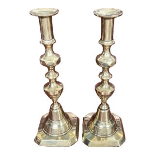 Mid 19th Century Pair of Antique Brass Beehive Candlesticks For Sale