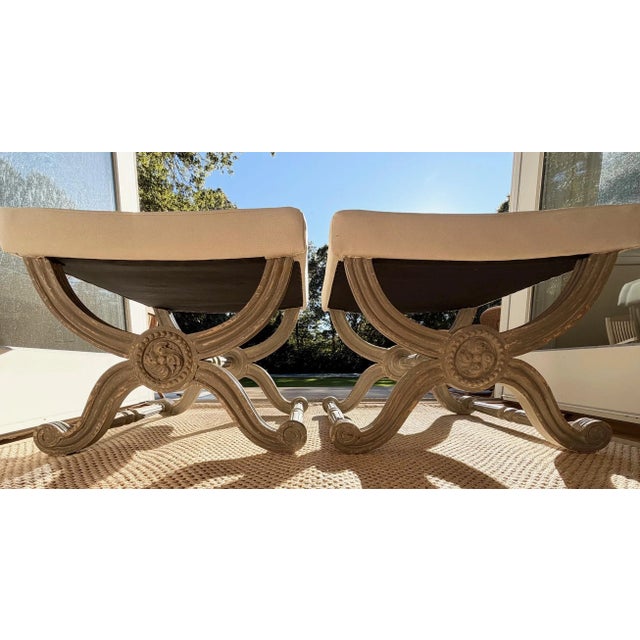 Custom French Grey Painted Neo-Classic X-Style Benches, a Pair For Sale - Image 12 of 14