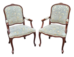Pair of Provincial Style Fruitwood and Embroidered Ultrasuede Upholstery Armchairs