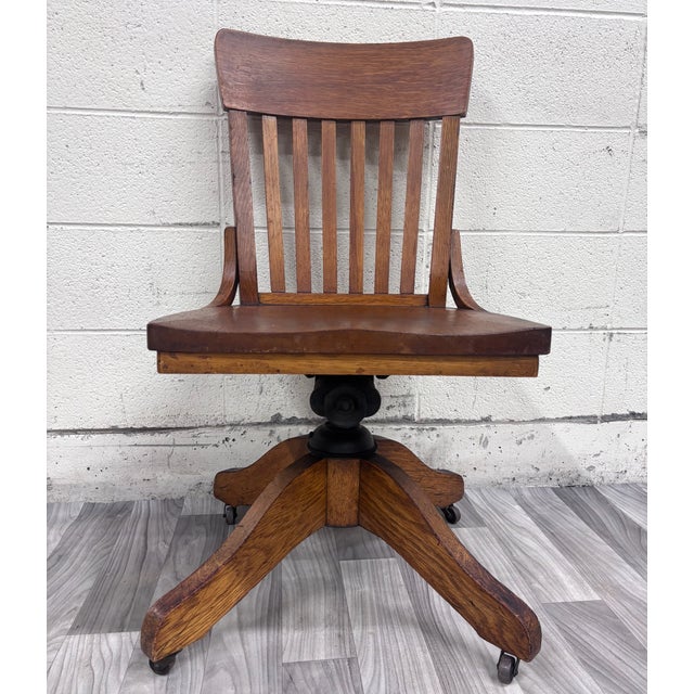 Antique Arts & Crafts Mission Style Quarter Sawn Tiger Oak Swivel Desk Chair For Sale - Image 4 of 8
