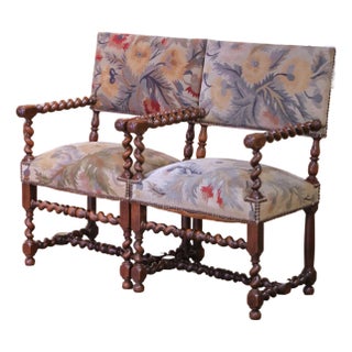 Pair of 19th C. French Louis XIII Walnut Armchairs With Aubusson Upholstery For Sale