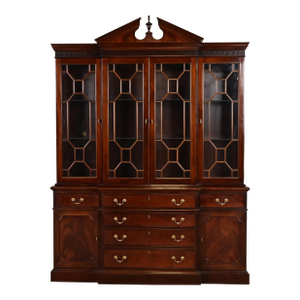 Late 20th Century Stickley Chippendale Carved Flame Mahogany Lighted Breakfront Bookcase Cabinet