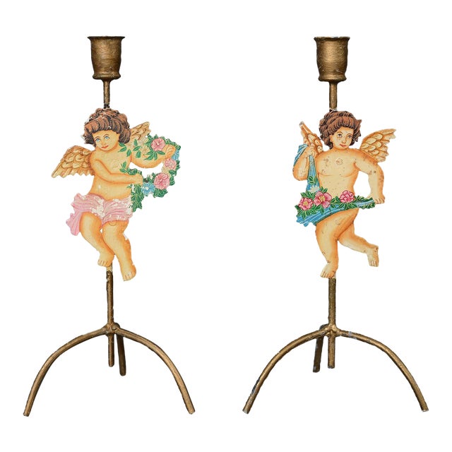 Vintage Hand-Painted Angel Cherub Tripod Candlesticks - Set of 2 For Sale