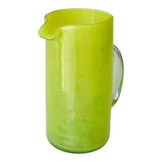 Vintage Mid-Century Modern Art Glass Pitcher – Lime Green Crackle Dimple Design, Hand-Blown For Sale