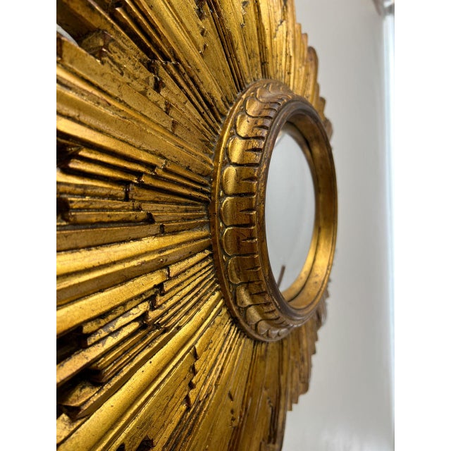 Large Sunburst Convex Wall Mirror in Carved Gold Plated Wood, 1950s For Sale - Image 16 of 18