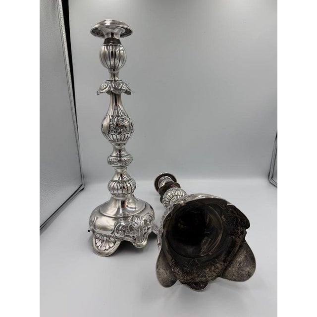 Late 19th Century Antique Sterling Silver Baroque Revival Candlesticks With Repoussé - a Pair For Sale - Image 5 of 18