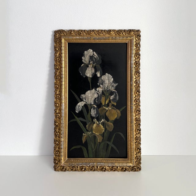 Mid 20th Century Mid 20th Century Original Oil on Wood Board Iris Framed Painting For Sale - Image 5 of 11