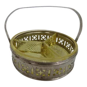 Yellow Depression Glass Divided Candy Dish with Silver Metal Basket