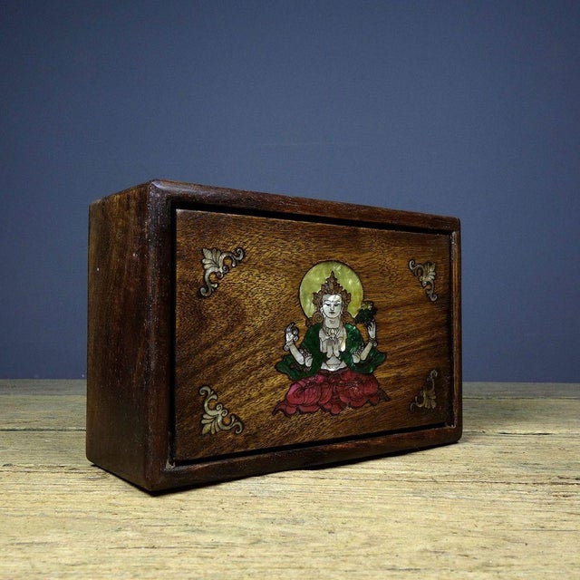 1980s Rosewood Mother-of-Pearl Inlaid Four-Armed Guanyin Puzzle / Secret Compartment Box For Sale - Image 4 of 10