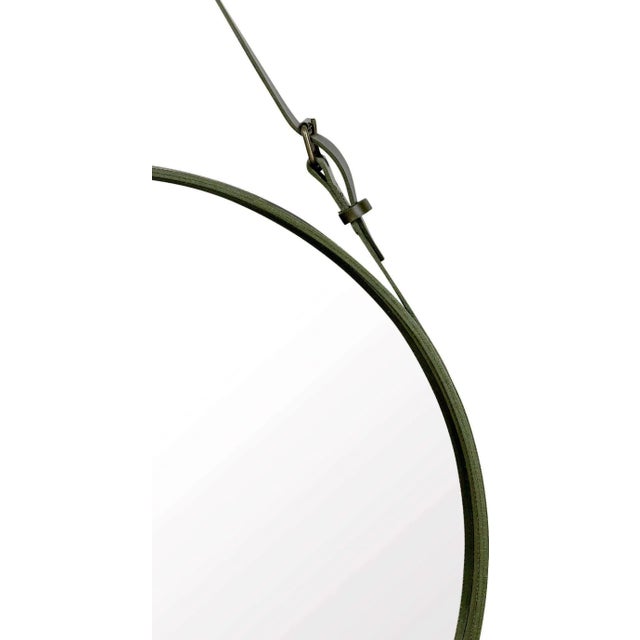 Mid-Century Modern Jacques Adnet Olive Leather Small Circulaire Mirror For Sale - Image 3 of 11