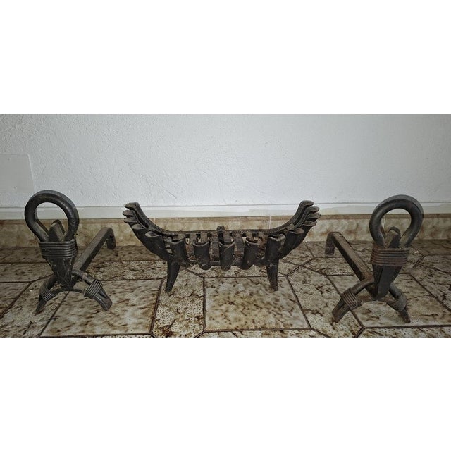 Wrought Iron Fireplace Andirons and Log Basket, Early 20th Century, Set of 3 For Sale - Image 4 of 6