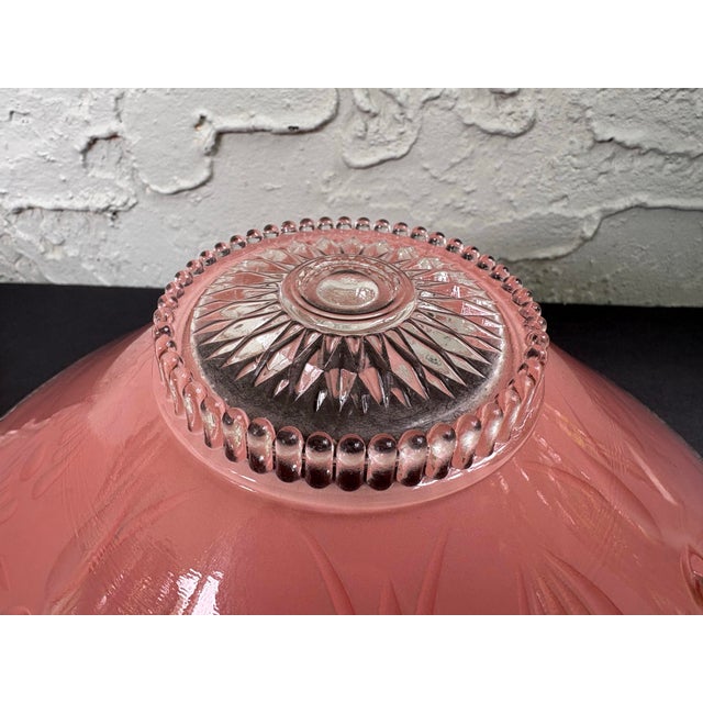 Vintage Art Deco Pink Satin Glass Ceiling Light Shades, Floral Relief, Circa 1935–1945 - a Pair For Sale In Orlando - Image 6 of 12