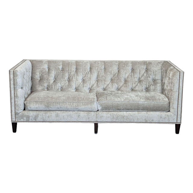 Lexington Camille 3-Seat Tufted Sofa in Silver Velvet Fabric For Sale