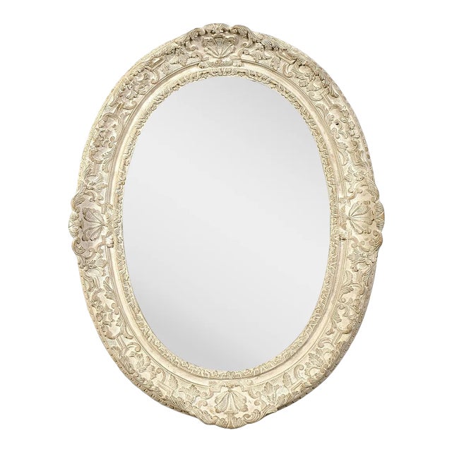 Neoclassical Empire Oval Silver Hand Carved Wooden Mirror, Spain, 1970s For Sale