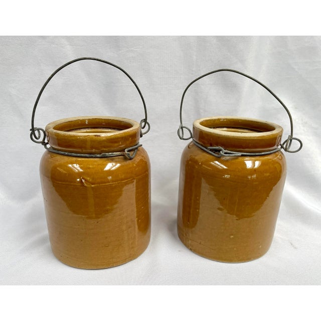 Farmhouse Antique Glazed French Crocks With Metal Carriers - a Pair For Sale - Image 3 of 9