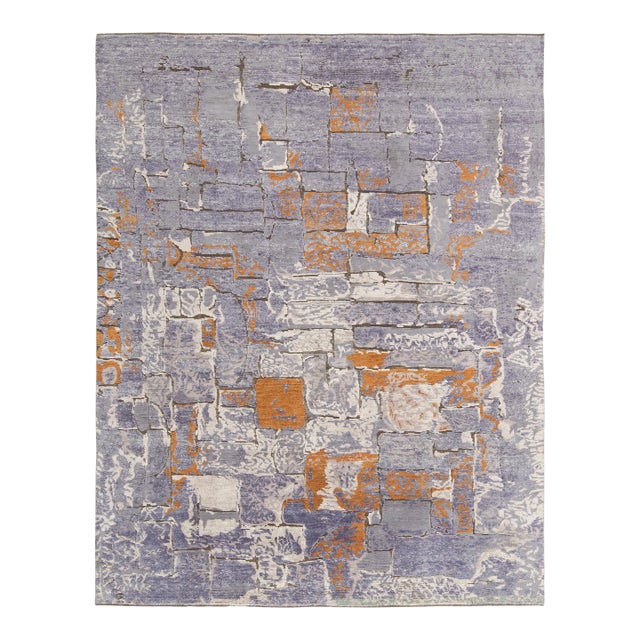 Hand-Knotted Abstract rug in Purple, White, Orange Pattern by Rug & Kilim - 12x15 For Sale