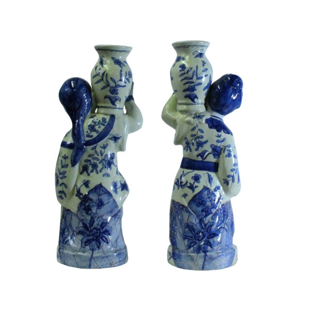 Oriental Ceramic Cream Yellow Blue Couple Holding Jar Figures - a Pair For Sale In San Francisco - Image 6 of 8