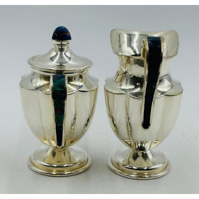 1960s Los Castillo Taxco Silver Azurite Malachite Creamer Sugar Tray Set, Mexican Mod For Sale - Image 15 of 18