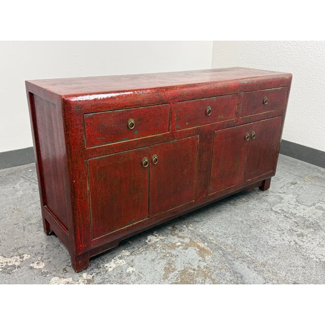 Asian Asian Red Distressed Lacquered Sideboard, Vintage For Sale - Image 3 of 12