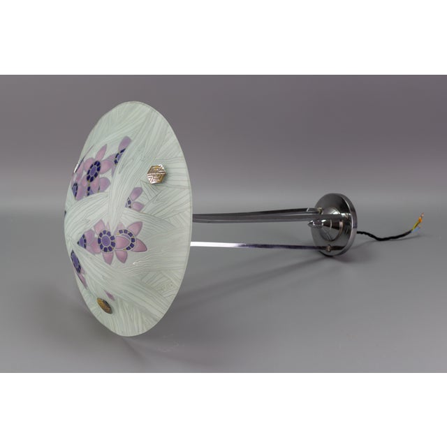 Art Deco French Floral Glass and Chrome Pendant Light from Loys Lucha, 1930s For Sale - Image 14 of 18