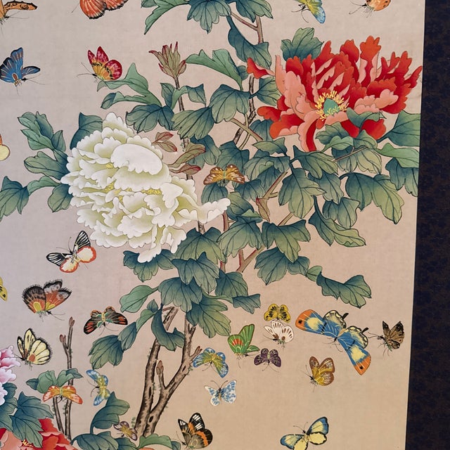Vintage Chinese Hanging Scroll Painting — Hundred Butterflies & Peonies With Calligraphy, Silk Brocade Mount For Sale - Image 4 of 12