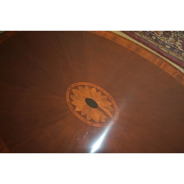 Vintage Oval Inlaid Mahogany Coffee Table With Glass Top, Brass Claw Feet, 1950s For Sale - Image 4 of 7