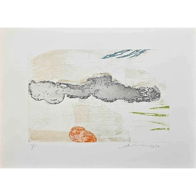 Abstract composition is a colored etching realized by Hsiao Chin in 1977. The artwork is hand-signed and dated in pencil...