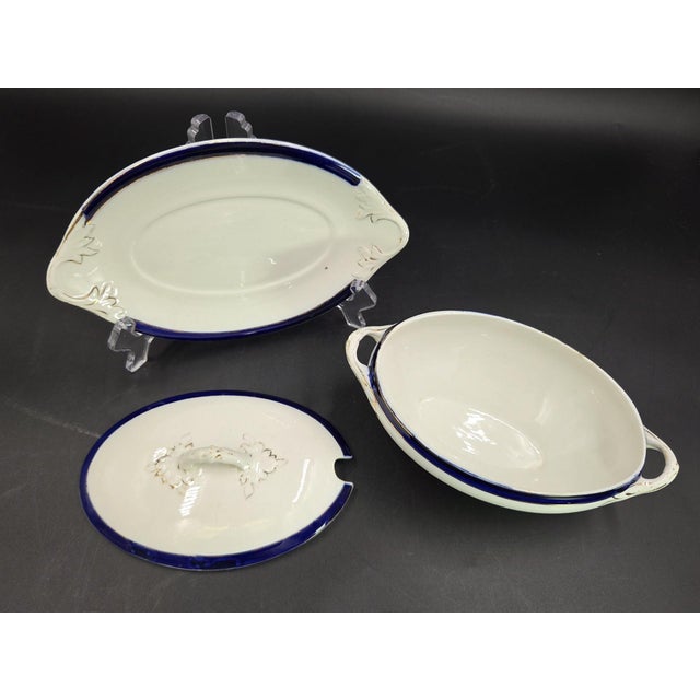 Wood & Son Mid 20th Century Large English Gravy Boat With Cobalt Blue Stripe For Sale - Image 4 of 18