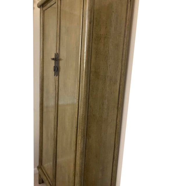 Wood Oriental Distressed Light Olive Green Tall Narrow Noodle Cabinet Armoire For Sale - Image 7 of 8