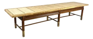 1970s Travertine and Burl Coffee Table With Brass Accents Mid Century