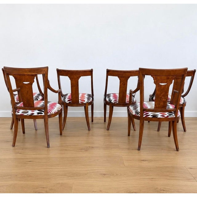 1990s Vintage Neoclassical Style Dining Chairs - Set of 6. Newly Upholstered in Abstract Patterned Velvet. For Sale - Image 5 of 11